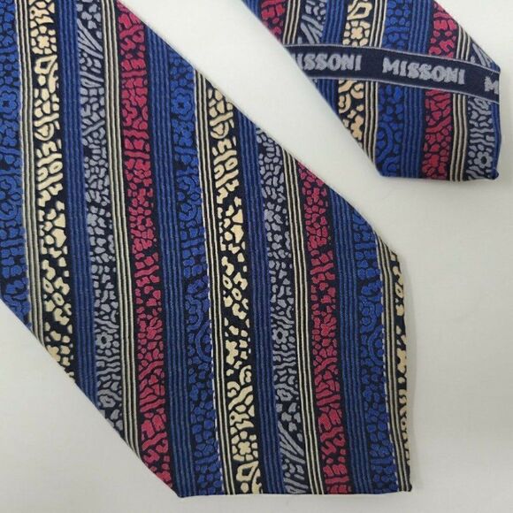 VINTAGE MISSONI ITALY SILK TIE ABSTRACT STRIPE RED BLUE TAN 3.25" - Picture 1 of 2